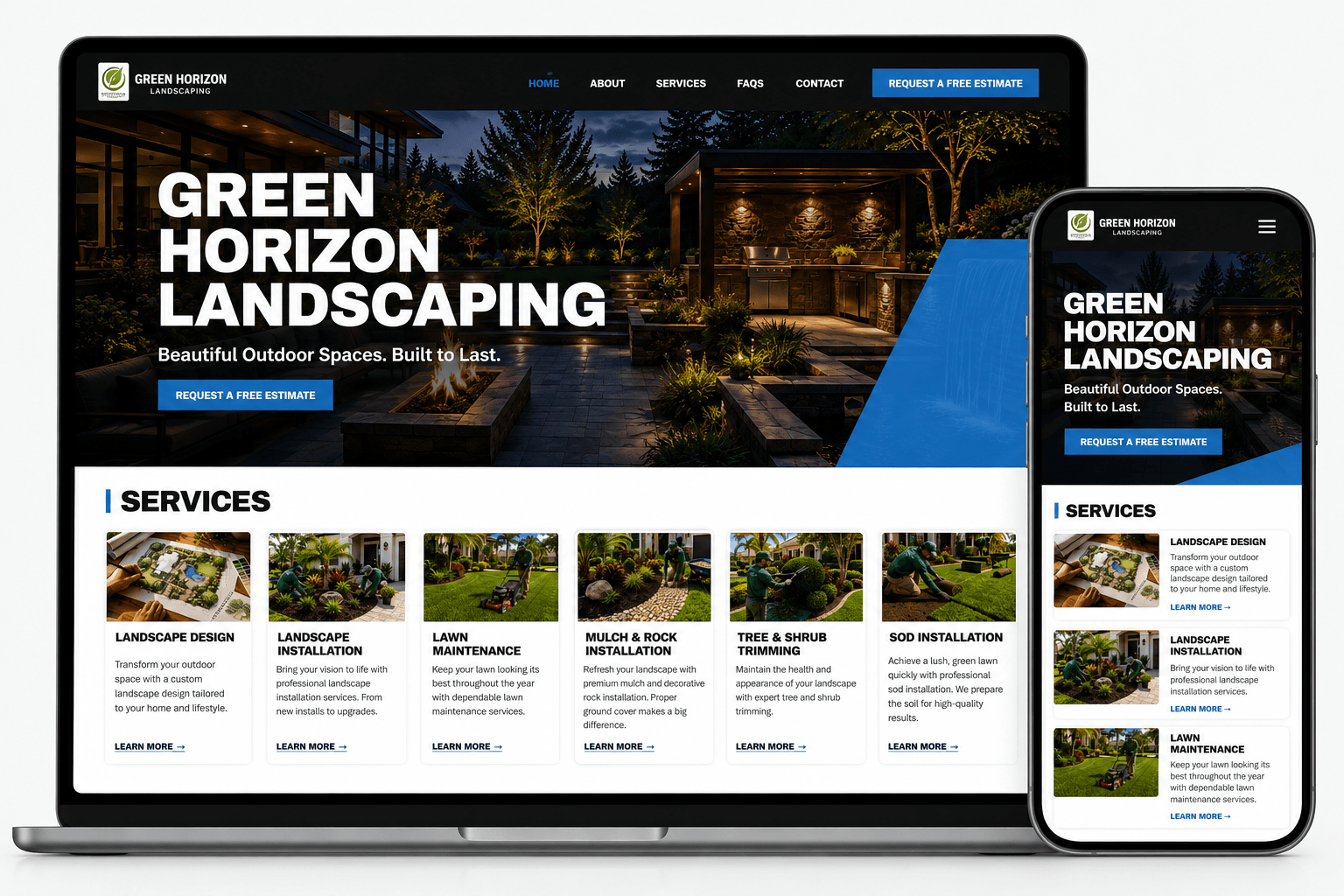Bold landscaping website design shown on laptop and mobile phone