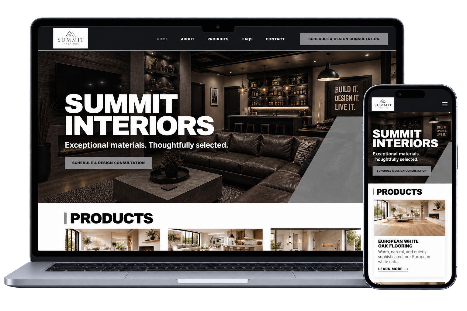 Bold remodeling website design shown on laptop and mobile phone