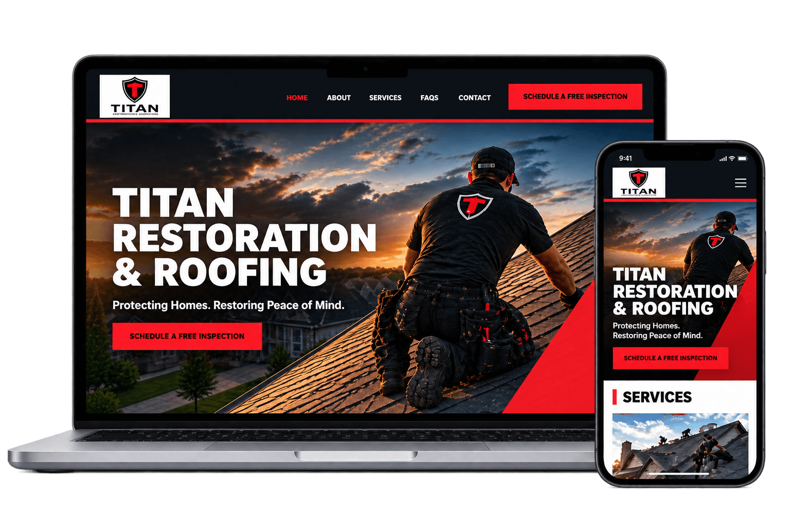Bold roofing website design shown on laptop and mobile phone